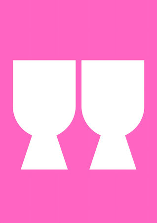 Minimalist graphic design featuring two identical white wine glasses with unique abstract stems against a bright pink backdrop.の写真素材