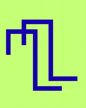 A minimalist design featuring bold blue lines creating an abstract, angular shape against a pale green backdrop.の写真素材
