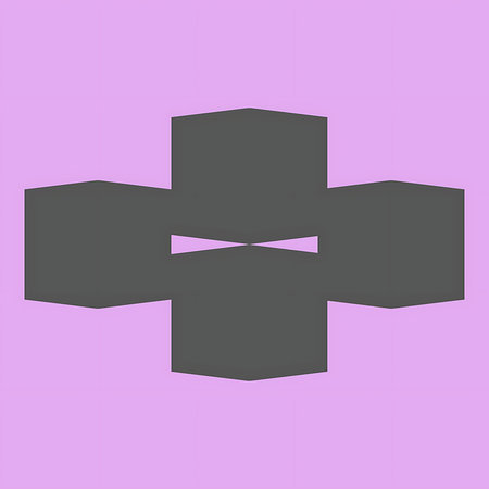 A symmetrical, abstract dark gray geometric shape resembling a cross with rounded protrusions on a soft purple backdrop.の写真素材