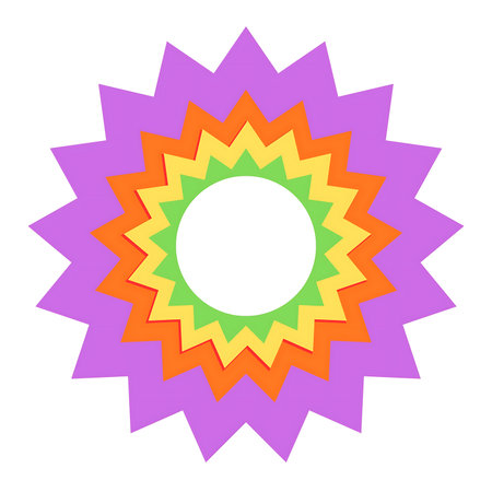 A stylized, multi-layered starburst or flower shape with sharp, pointed petals in a vibrant rainbow color gradient.の写真素材