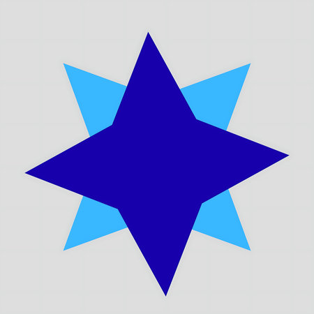 A graphic design with two overlapping eight-pointed star shapes in contrasting shades of blue against a neutral gray backdrop.の写真素材