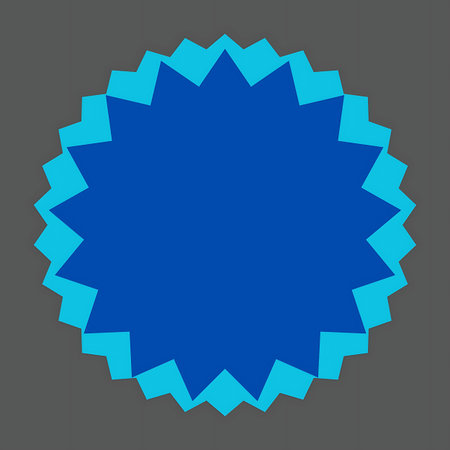 A striking blue starburst shape with multiple pointed layers and a textured appearance on a plain gray backdrop.の写真素材