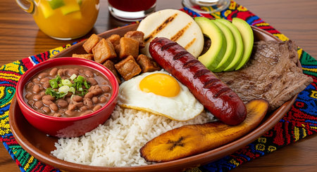A generous platter of traditional Colombian cuisine featuring a variety of savory meats, rice, beans, and fried plantain.の素材