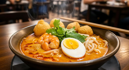 A close-up shot of a flavorful bowl of laksa, featuring succulent shrimp, a perfectly cooked egg, and fresh herbs.の素材
