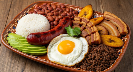 A generous platter of traditional Colombian Bandeja Paisa showcasing a complete meal with various meats rice beans and fried egg.の素材