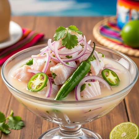A vibrant bowl of fresh ceviche, brimming with white fish, red onion, cilantro, jalapeno, and lime, presented on a wooden surface.の素材