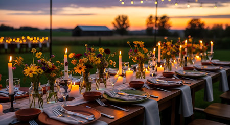 A long table set for a festive outdoor dinner party with glowing candles and floral arrangements under a sunset sky.の素材