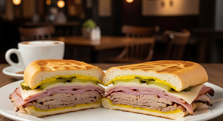 A classic Cuban sandwich, expertly prepared with layers of ham, cheese, pickles, and mustard, accompanied by a hot cup of coffee.の素材