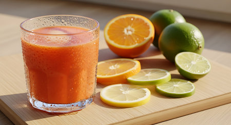 A tall glass of vibrant orange juice sits next to sliced oranges and limes, showcasing a healthy and refreshing beverage.の素材