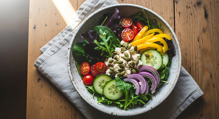 A colorful and nutritious vegetarian Buddha bowl filled with fresh greens, vegetables, and a protein source, presented beautifully.の素材