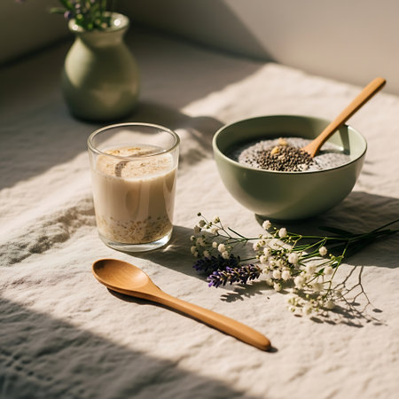 A healthy breakfast spread featuring chia seed pudding and a glass of creamy plant-based milk, bathed in soft morning light.の素材