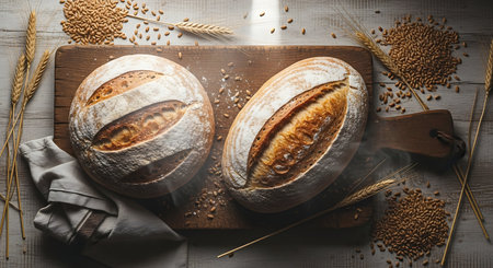 Two beautiful artisan sourdough bread loaves are presented on a rustic wooden board, surrounded by scattered wheat grains and stalks.の素材