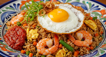 A vibrant and appetizing close-up of Indonesian Nasi Goreng, a flavorful fried rice dish, showcasing its diverse ingredients.の素材
