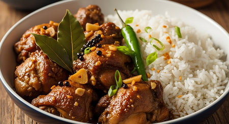 A close-up shot of tender chicken adobo seasoned with bay leaves and chili peppers, served alongside fluffy white rice.の素材