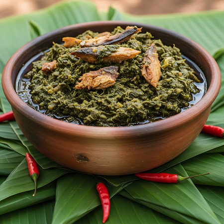 A close-up view of a traditional African dish, a rich green stew, presented in a clay pot with chili peppers.の素材