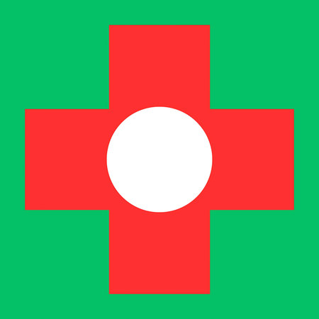 A bold red cross design with a white circle at its center, set against a vibrant green background, symbolizing healthcare.の写真素材