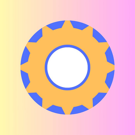 A simple, stylized gear in yellow and blue, set against a gentle pink and yellow gradient.の写真素材
