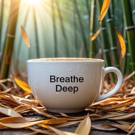 A serene moment captured with a comforting beverage amidst nature's tranquil beauty and falling leaves.の素材