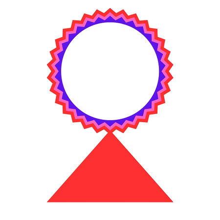 A stylized award ribbon featuring a red triangle base topped by a circular emblem with serrated edges.の写真素材