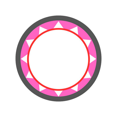 A circular graphic featuring a repeating pink and white triangular geometric pattern within a red inner circle and dark outer rim.の写真素材