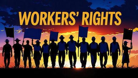 A group of diverse workers stand in silhouette against a vibrant sunset, holding flags and protesting for their fundamental rights.の素材