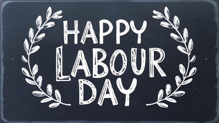 A festive chalkboard design features "Happy Labour Day" in white chalk letters, framed by delicate white laurel branches on a dark background.の素材