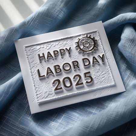 A close-up shot of a metallic plaque with embossed text and a gear, resting on a soft blue textured fabric.の素材