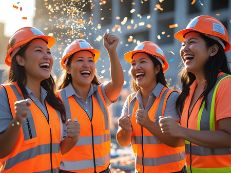 Four smiling women in hard hats and safety vests cheer and toss confetti, embodying teamwork and achievement in the construction industry.の素材