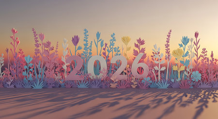 A dreamlike scene with the numbers 2020 formed by delicate pastel flowers and plants, bathed in warm sunset light.の素材