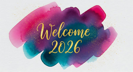 A colorful abstract watercolor paint splash in pink, purple, and teal hues with golden text saying Welcome 2026.の素材