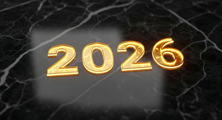 Shiny golden balloons spelling out the year 2026 are illuminated against a dark, textured marble surface with faint light reflections.の素材