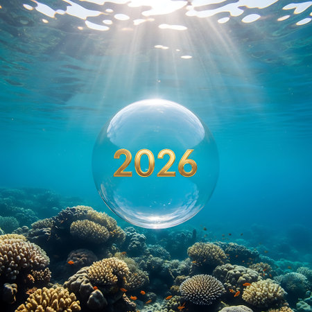 A glowing bubble containing the year 2024 floats in a sunlit ocean, surrounded by a diverse and colorful coral reef.の素材