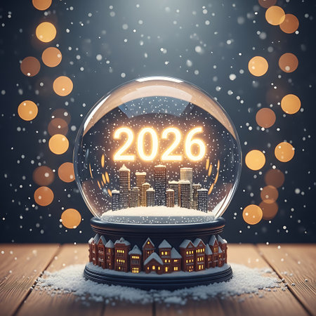 A glowing 2026 numeral illuminates a miniature winter city inside a snow globe, surrounded by bokeh lights and falling snow.の素材