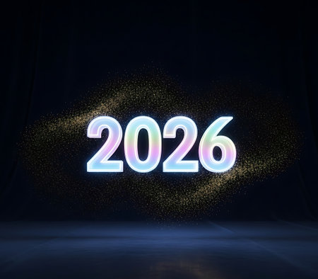 The year 2026 is prominently displayed in glowing, iridescent numbers against a dark background with shimmering particles.の素材