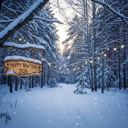 A charming wooden sign adorned with festive lettering invites viewers into a tranquil, snow-covered forest, bathed in soft winter light.の素材