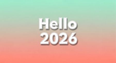 A gradient background transitions from mint green to coral pink, featuring the bold white text 'Hello 2026'.の素材