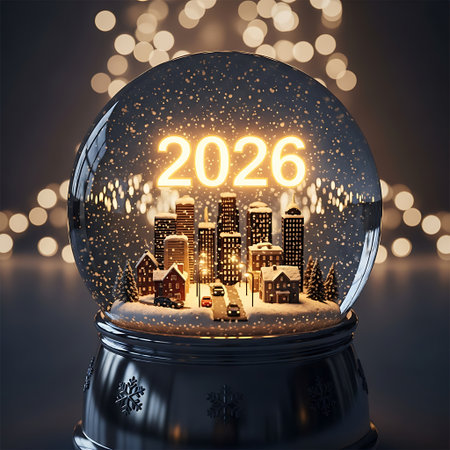 A sparkling snow globe captures a miniature city illuminated by the glowing year 2026 and surrounded by festive bokeh lights.の素材