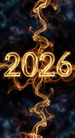 Bold, glowing golden numerals of the year 2026 are dramatically illuminated against a dark, smoky, and textured background.の素材