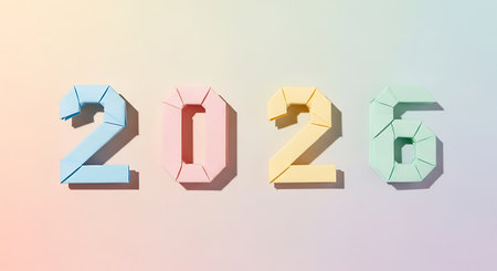 The numbers 2026 are rendered in pastel colors with a distinct geometric and folded paper aesthetic, casting subtle shadows.の素材
