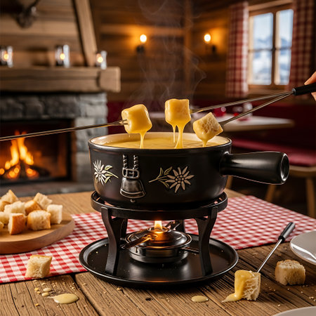 A warm, inviting scene of a cheese fondue pot bubbling with melted cheese, perfect for a winter gathering.の素材