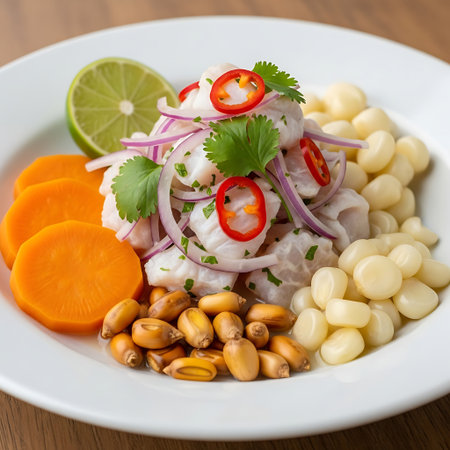 A close-up of a refreshing Peruvian ceviche, artfully arranged with sweet potato, corn, and crunchy cancha serrana.の素材