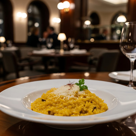 A close-up shot of a gourmet saffron risotto dish served in a white plate, ready to be enjoyed.の素材