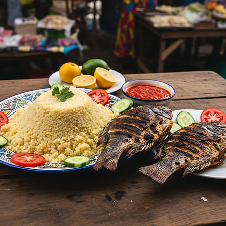 A close-up shot of a hearty meal featuring grilled fish and fluffy couscous, garnished with fresh produce.の素材
