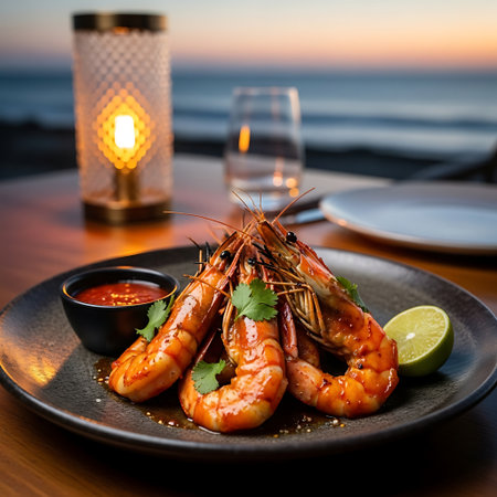 A close-up of a plate of perfectly grilled prawns, accompanied by a spicy sauce and a lime wedge, set against a beach sunset.の素材