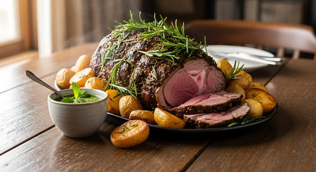 A succulent roast beef centerpiece, surrounded by golden roasted potatoes and a vibrant herb garnish, ready for a feast.の素材