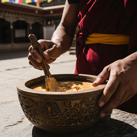 Close-up of a monk's hands mixing a golden substance in an ornate wooden bowl, likely for a ritual.の素材