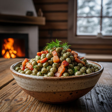 A rustic ceramic bowl overflowing with tender peas and crispy bacon, garnished with fresh herbs, sits by a warm fireplace.の素材