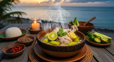 A delicious bowl of steaming chicken soup with lime and herbs is presented on a rustic wooden table by the ocean at dusk.の素材