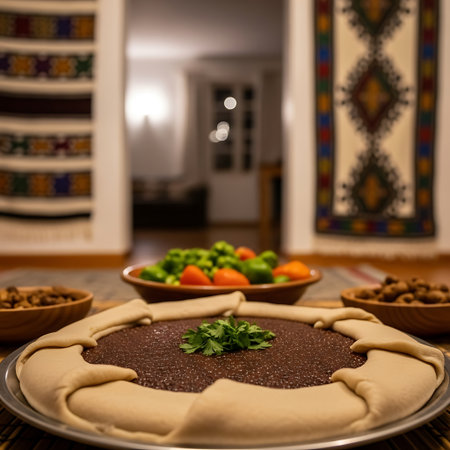 A close-up view of a large, round injera bread topped with a rich lentil stew, surrounded by bowls of nuts and a vibrant vegetable salad.の素材