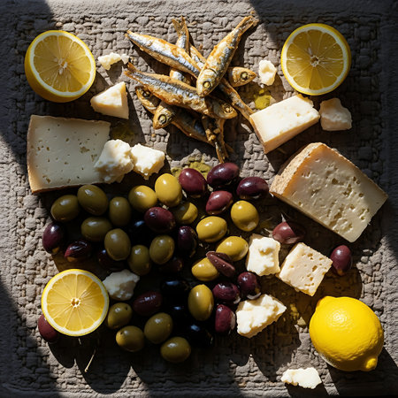 A rustic wooden board displays a delightful assortment of cheeses, plump grapes, bright lemon slices, and a scattering of anchovies.の素材
